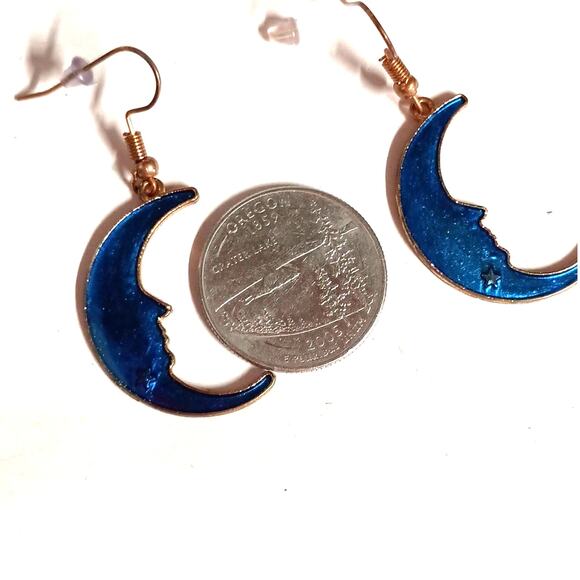 Handmade Midnight Blue "Man in the Moon" Resin Dangle Earrings- Glittery 2" Drop - Picture 2 of 3